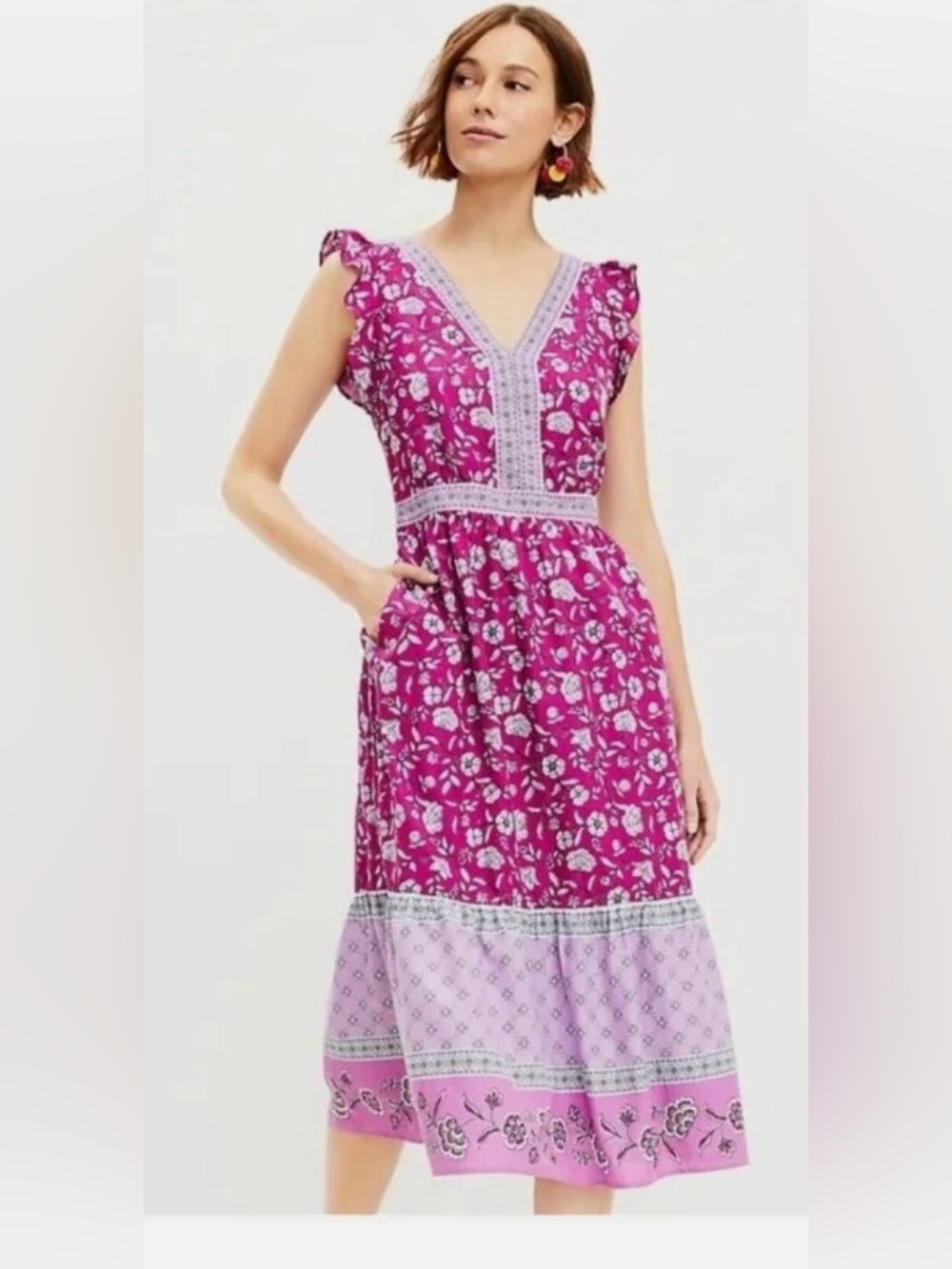 LOFT Pink Multi Floral Border Ruffle Midi Dress V-Neck Pockets Women's Sz 8 EUC